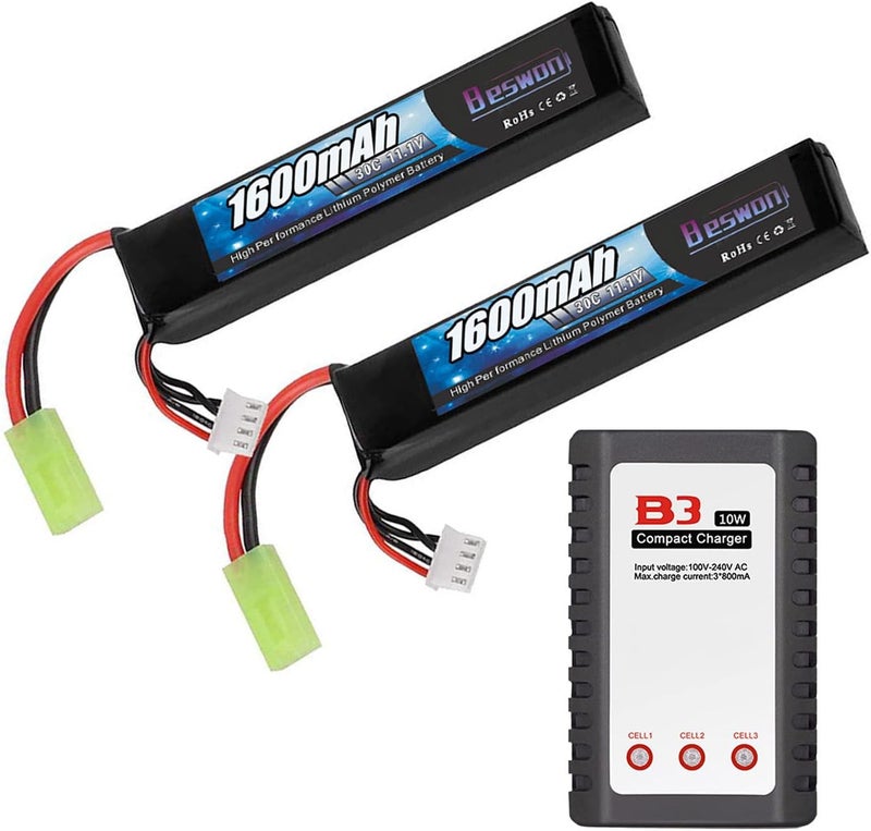 BESWON 2 Packs Airsoft Battery 11.1V Rechargeable 1600mAh 30C Lipo Battery with Mini Tamiya Connector，2S-3S Balance Charger for Airsoft Guns Rifle - Image 1